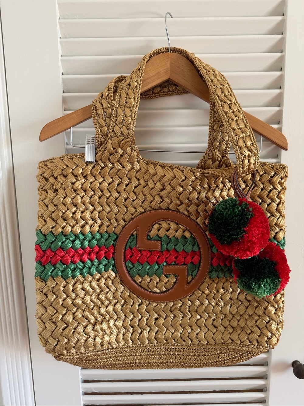 Gucci Raffia Blondie Tote with Pom Poms
